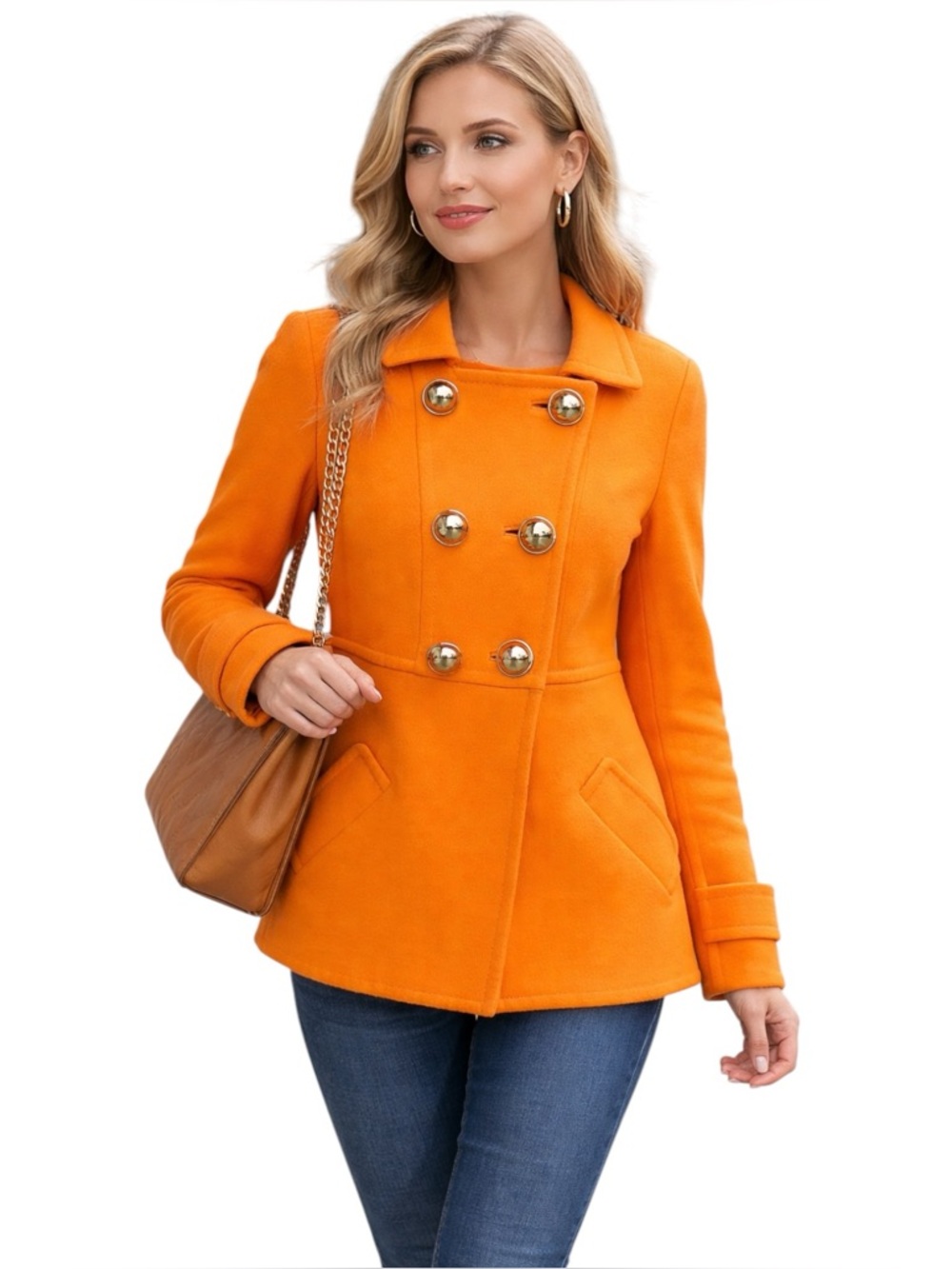 Orange Wool Blend Double Breasted Coat Gold Button Statement Jacket